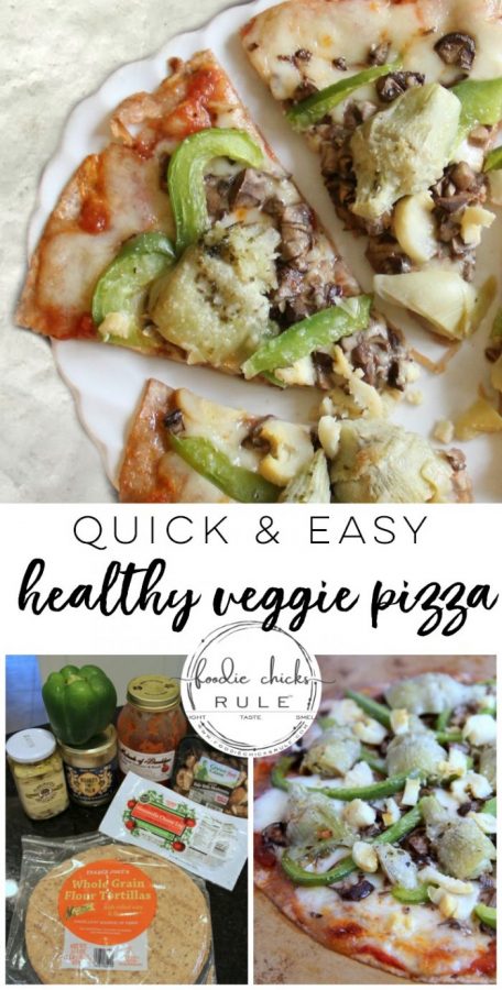 Healthy Veggie Pizza! SO simple tho throw together with these (or any!) ingredients! foodiechicksrule.com #healthyveggiepizza #healthypizza #veggierecipes #healthyrecipes #pizzarecipes #tortillarecipes #glutenfreerecipes #dairyfreerecipes