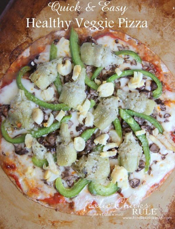 Healthy Veggie Pizza! SO simple tho throw together with these (or any!) ingredients! foodiechicksrule.com #healthyveggiepizza #healthypizza #veggierecipes #healthyrecipes #pizzarecipes #tortillarecipes #glutenfreerecipes #dairyfreerecipes