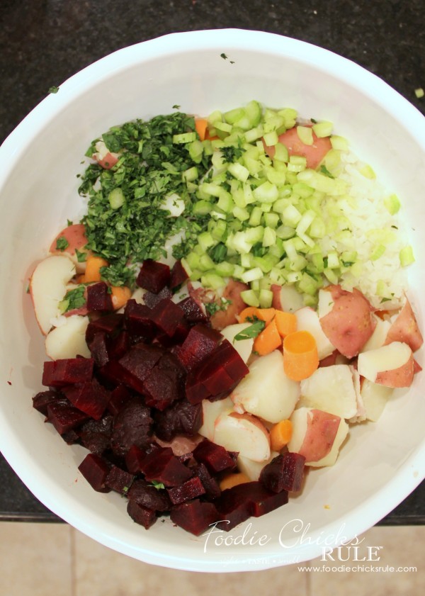 Beet, Carrot & Potato Salad - Add ingredients and mix! - #recipe #potatosalad foodiechicksrule.com