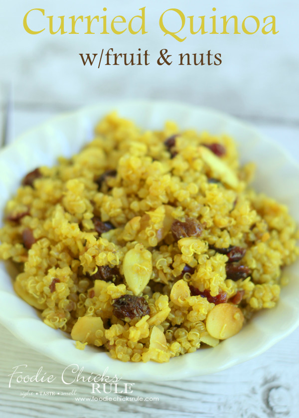 Curried Quinoa with Cranberries, Almonds & Raisins - So easy and very healhty! #curried #quinoarecipe foodiechicksrule.com