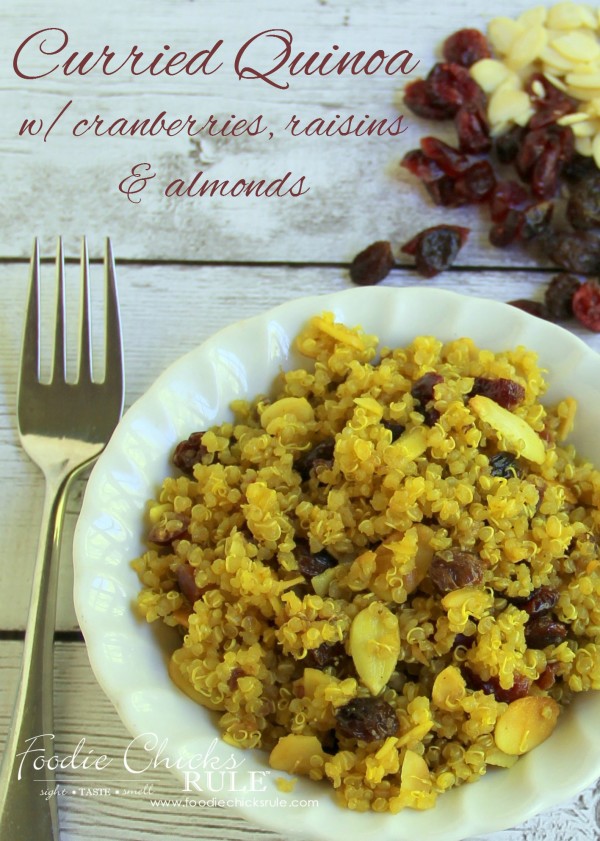 Curried Quinoa with Cranberries, Almonds & Raisons - So easy and very healhty! #curried #quinoarecipe foodiechicksrule.com