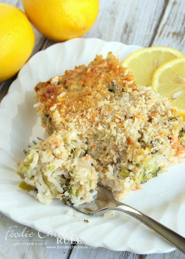 Lemony Broccoli Rice Casserole (with salmon or any meat you like!) - ONE BOWL ONE DISH - Quick & Easy #broccoliricecasserole #salmoncasserole #casserolerecipe #salmonrecipe #ricecasserole foodiechicksrule.com