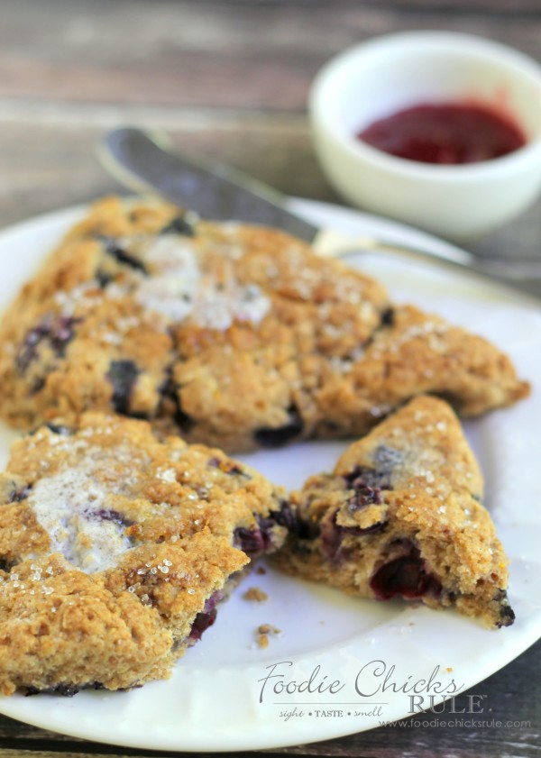 Whole Wheat English Blueberry Scones - great with butter or jam! #recipe #scones foodiechicksrule.com