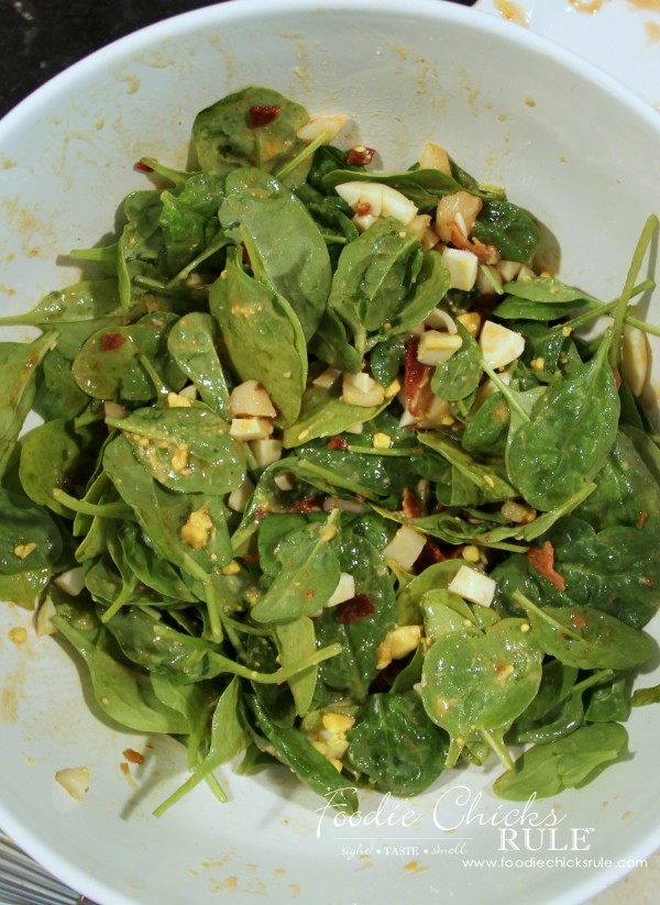 Warm Spinach, Egg, Bacon Salad - Tossed with Dressing - #recipe #spinach foodiechicksrule.com