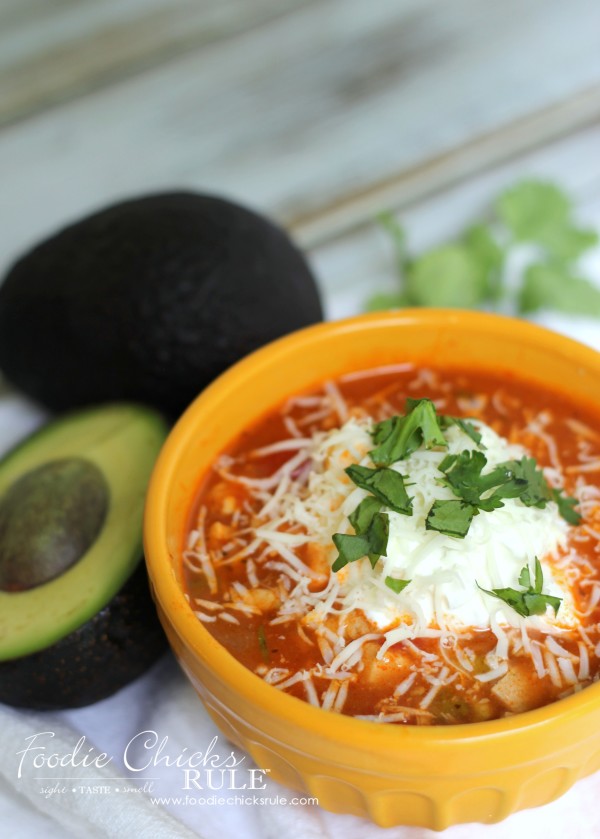 Chicken Taco Soup - Add avocado, sour cream, cilantro, cheese - #recipe #chickensoup #foodiechicksrule