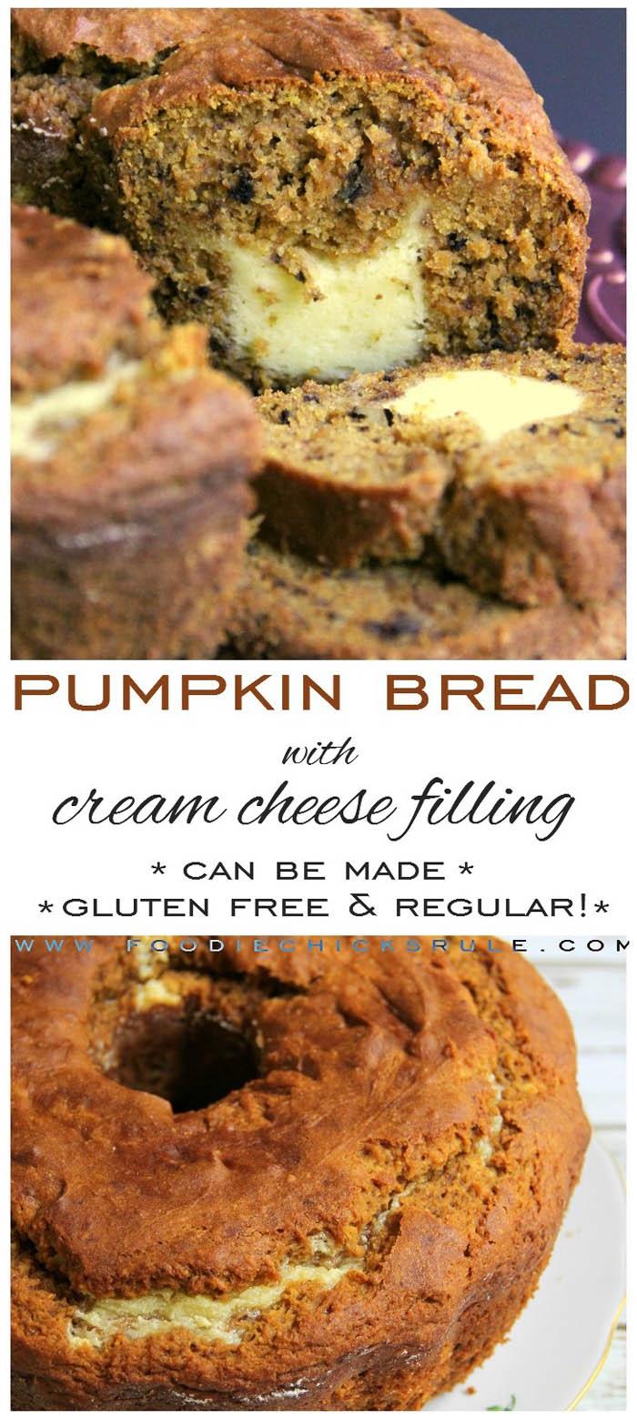 Gluten Free Pumpkin Bread with Cream Cheese Filling foodiechicksrule.com #glutenfree #glutenfreepumpkinbread #pumpkinbread #creamcheesefilling