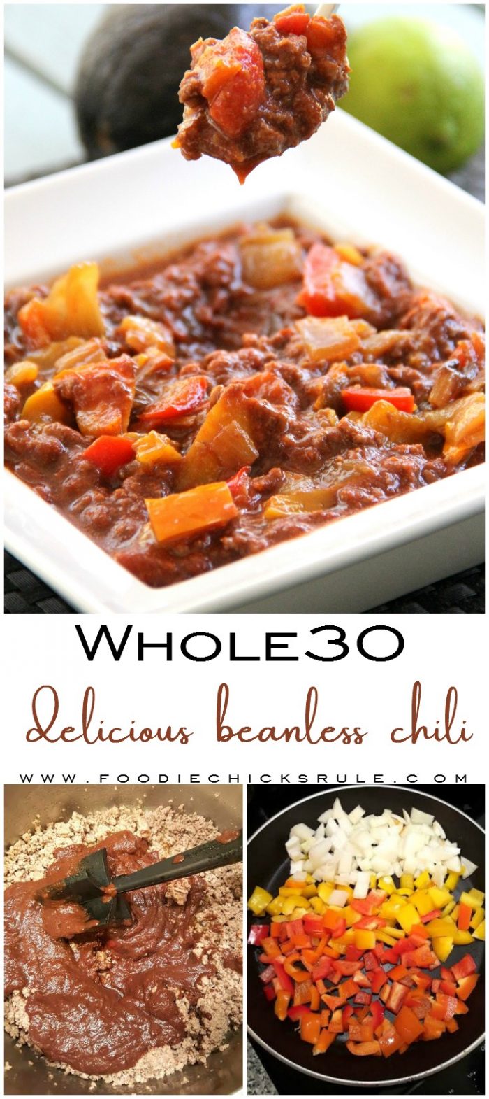 Whole30 Beanless Chili - (so thick and hearty!!) foodiechicksrule.com #whole30 #beanlesschili #whole30recipe #whole30chili