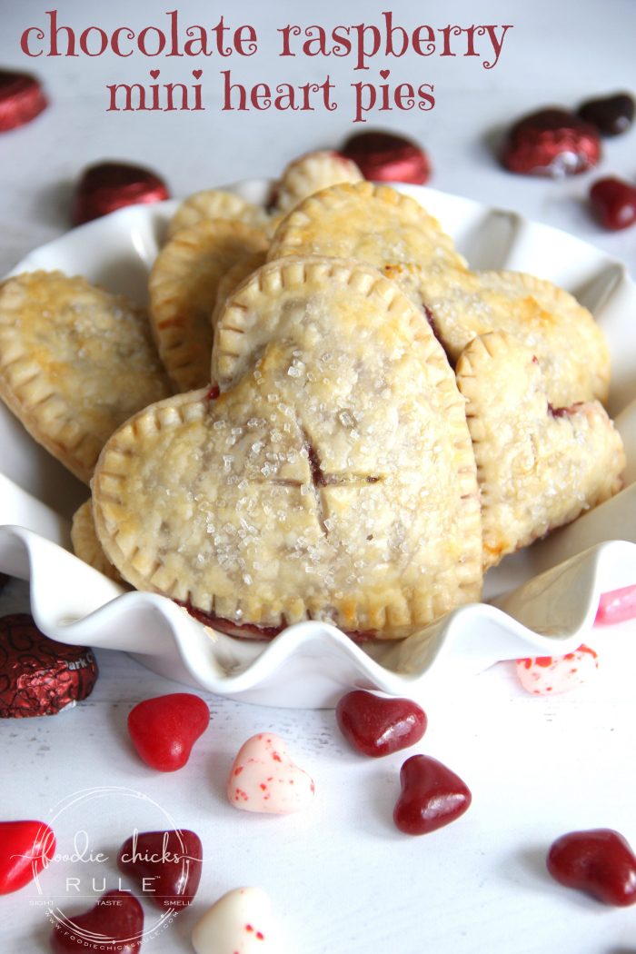 Chocolate Raspberry Mini Heart Pies ... Perfect for Valentine's Day! (or any day! ;) ) foodiechicksrule.com #valentinesdaydesserts #chocolateraspberry #miniheartpies #heartshapeddesserts #easydesserts #valentinesdessertideas