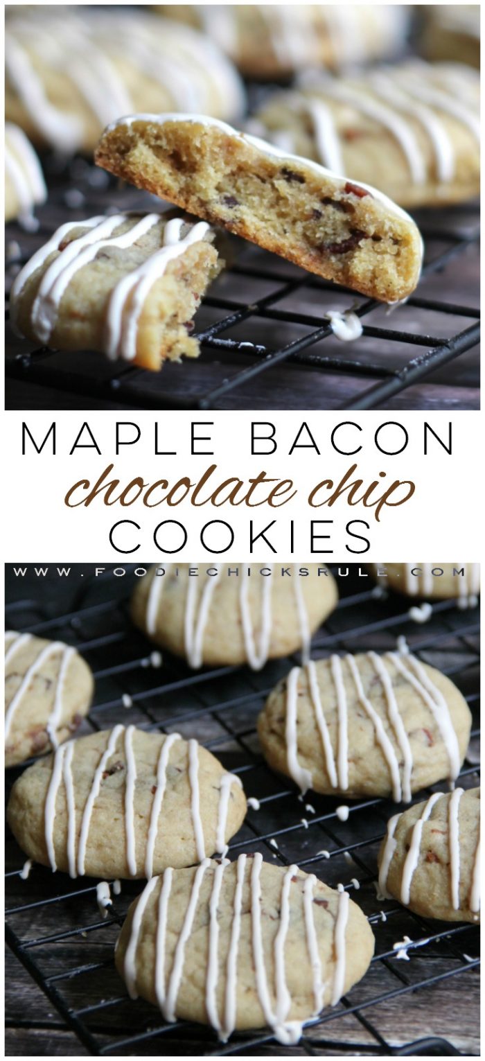 Everything's better with bacon!! Maple Bacon Chocolate Chip Cookies foodiechicksrule.com #maplebacon #maplebaconchocolatechip #chocolatechipcookies #cookierecipes 