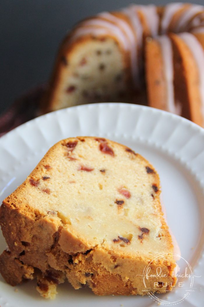 Chocolate Chip Cherry Pound Cake....DELICIOUS!! Perfect for Valentine's Day! foodiechicksrule.com #valentinesdesserts #poundcake #chocolatechipcherry #valentinestreat #valentinesideas