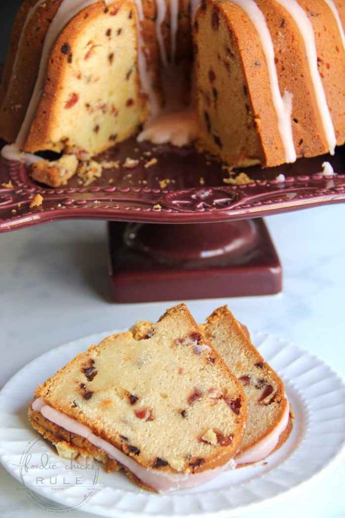 Chocolate Chip Cherry Pound Cake....DELICIOUS!! Perfect for Valentine's Day! foodiechicksrule.com #valentinesdesserts #poundcake #chocolatechipcherry #valentinestreat #valentinesideas