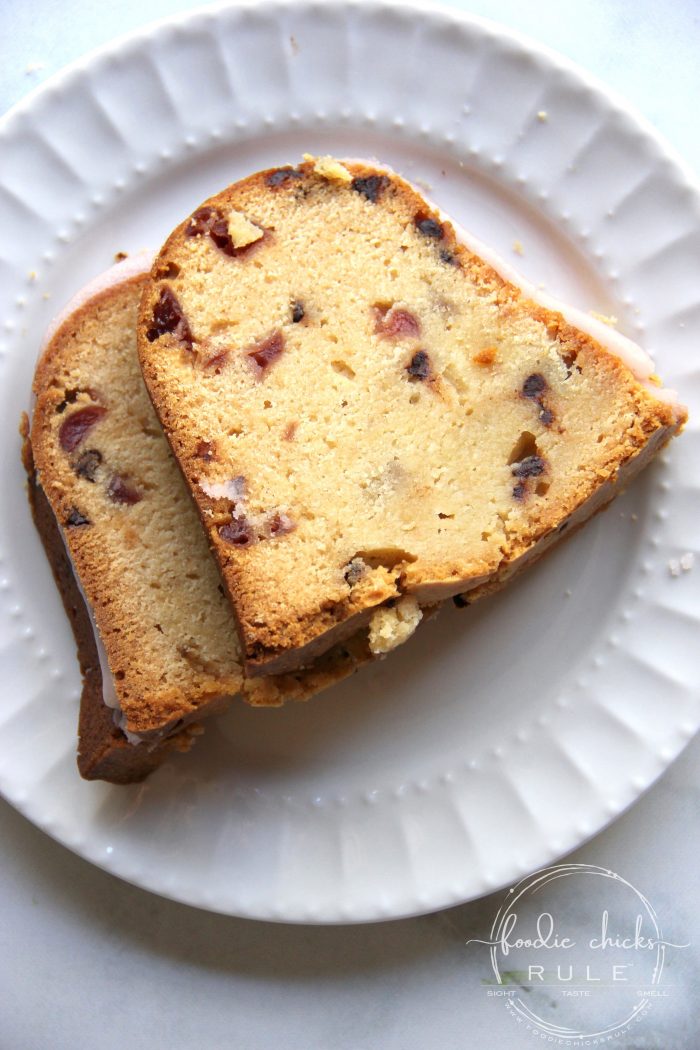 Chocolate Chip Cherry Pound Cake....DELICIOUS!! Perfect for Valentine's Day! foodiechicksrule.com #valentinesdesserts #poundcake #chocolatechipcherry #valentinestreat #valentinesideas