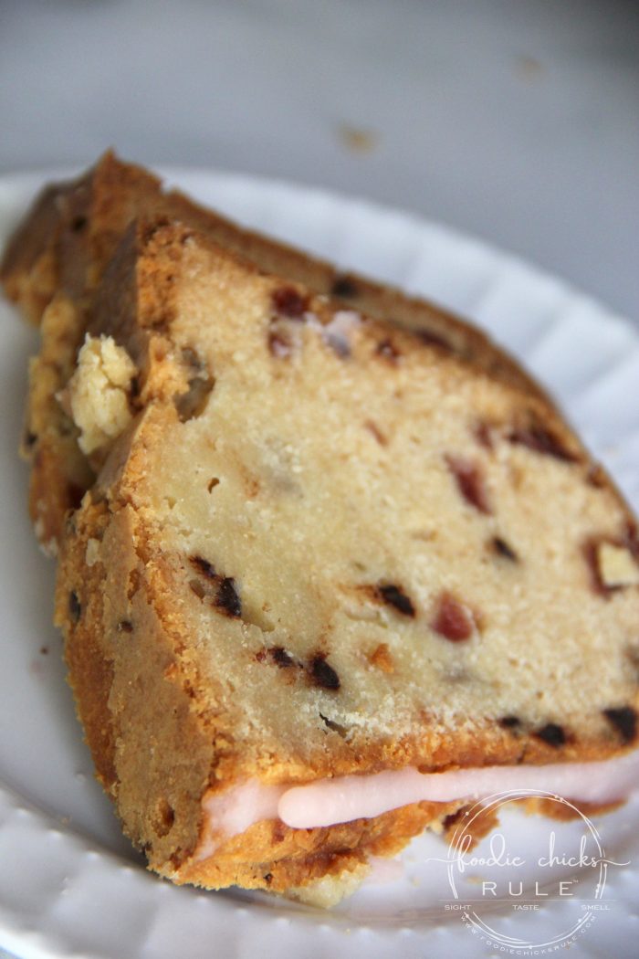 Chocolate Chip Cherry Pound Cake....DELICIOUS!! Perfect for Valentine's Day! foodiechicksrule.com #valentinesdesserts #poundcake #chocolatechipcherry #valentinestreat #valentinesideas