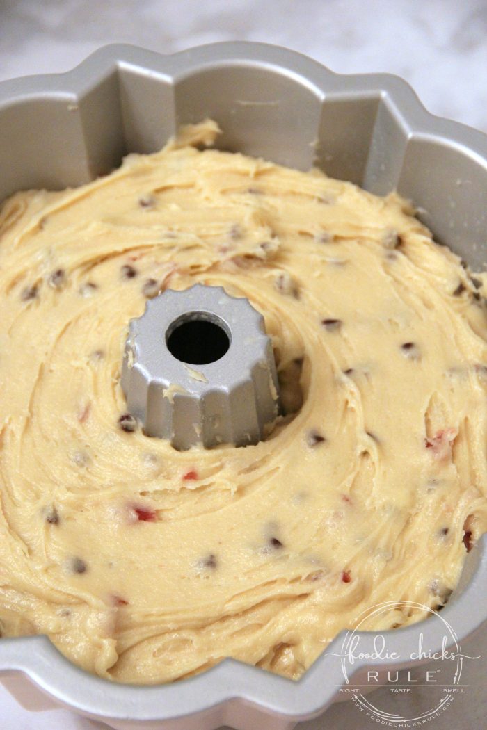 Chocolate Chip Cherry Pound Cake....DELICIOUS!! Perfect for Valentine's Day! foodiechicksrule.com #valentinesdesserts #poundcake #chocolatechipcherry #valentinestreat #valentinesideas