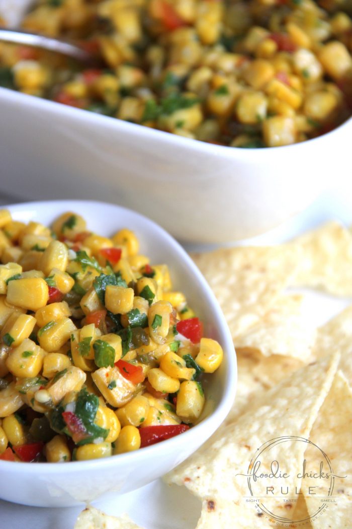 Colorful Corn Salsa Recipe - Simple & Pretty too! foodiechicksrule.com #cornsalsa #colorfulfoods #mexicansides #cornrecipes #salsarecipes