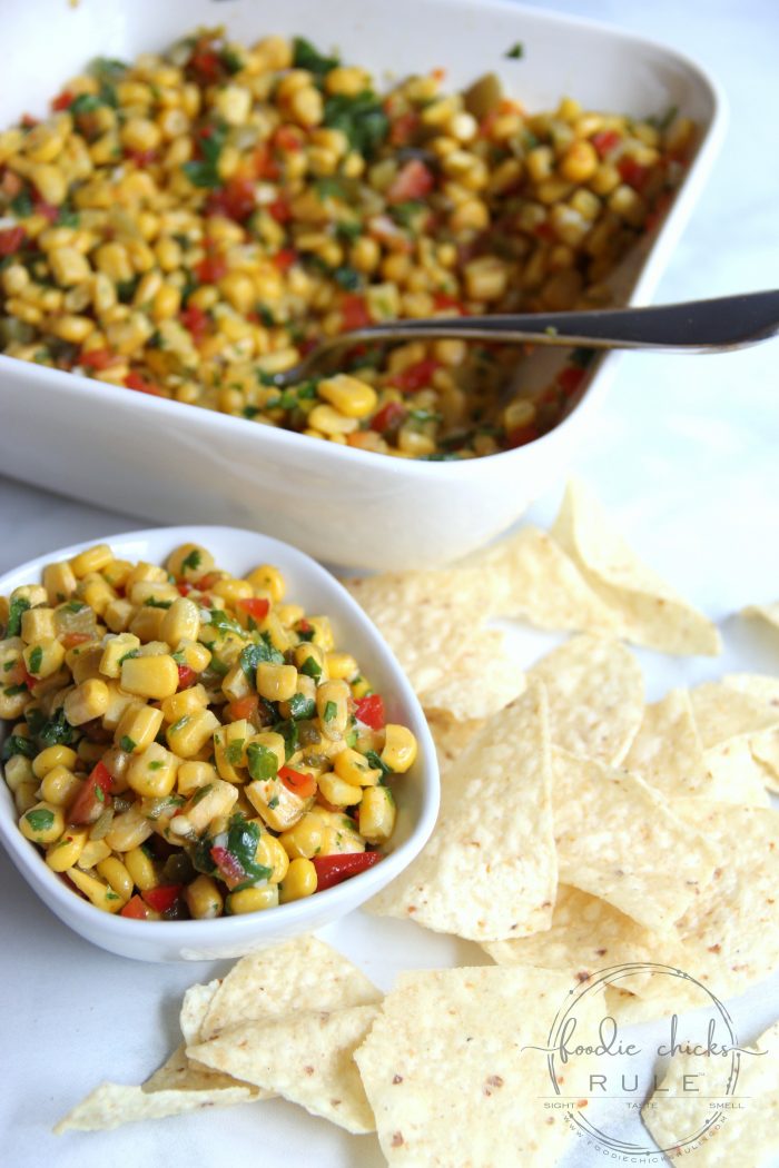 Colorful Corn Salsa Recipe - Simple & Pretty too! foodiechicksrule.com #cornsalsa #colorfulfoods #mexicansides #cornrecipes #salsarecipes