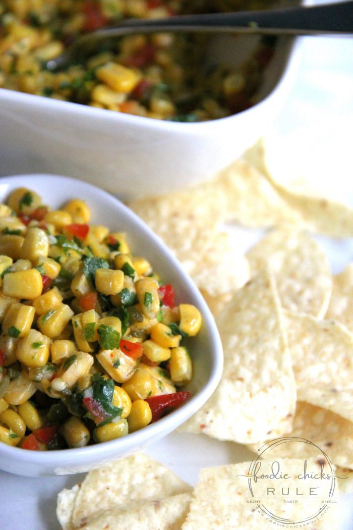 Colorful Corn Salsa Recipe - Simple & Pretty too! foodiechicksrule.com #cornsalsa #colorfulfoods #mexicansides #cornrecipes #salsarecipes