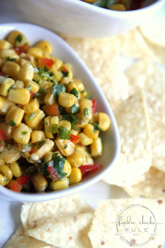 Colorful Corn Salsa Recipe - Simple & Pretty too! foodiechicksrule.com #cornsalsa #colorfulfoods #mexicansides #cornrecipes #salsarecipes