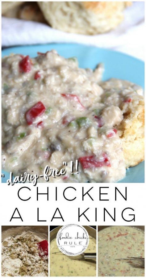 Dairy Free Chicken a la King ! (or not, you can sub all kinds of ways with this recipe!) - foodiechicksrule.com #chickenalaking #dairyfree #dairyfreechickenalalking #quickyandeasydinner #quickandeasyrecipe #chickendinner