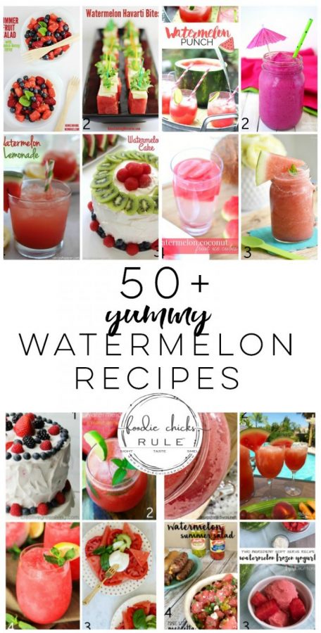 50+ Yummy Watermelon Recipe Ideas!! foodiechicksrule.com #watermelon #watermelonrecipes #summerrecipeideas #smoothierecipes #slushierecipes #summerdesserts #summerdrinks #watermelonmojito #watermeloncake #summerfood #watermelondesserts #watermelondrinks