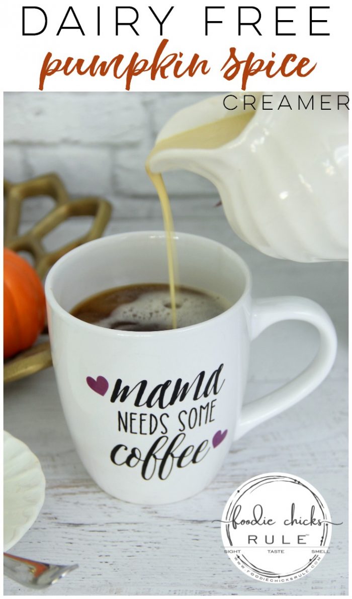 DAIRY FREE Pumpkin Spice Creamer! All the good stuff, without the dairy! foodiechicksrule.com #pumpkinspice #pumpkinspicecreamer #pumpkinspicecoffee #dairyfreecreamer #pumpkinspicelatte #pumpkinspicerecipes #pumpkinrecipes #fallrecipes