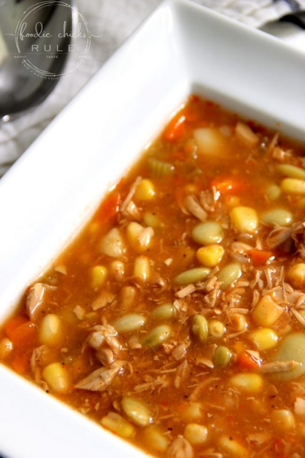 Simple & Delicious Chicken Brunswick Stew! (quick to throw together which is a WIN!) foodiechicksrule.com #chickenbrunswickstew #brunswickstew #chickendinner #chickenrecipes #souprecipes #soup #chickensoup #vegetablesoup #dinnerideas #quickdinners #quickrecipes #easyrecipes #healthydinner