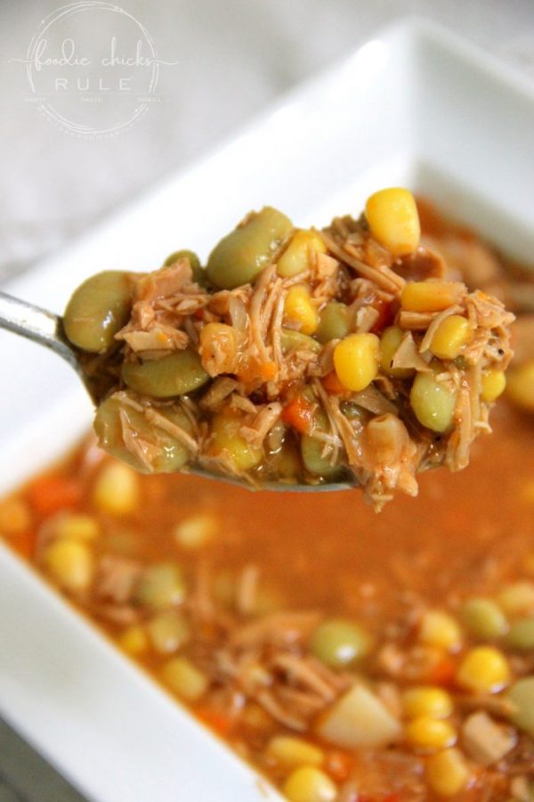 Simple & Delicious Chicken Brunswick Stew! (quick to throw together which is a WIN!) foodiechicksrule.com #chickenbrunswickstew #brunswickstew #chickendinner #chickenrecipes #souprecipes #soup #chickensoup #vegetablesoup #dinnerideas #quickdinners #quickrecipes #easyrecipes #healthydinner