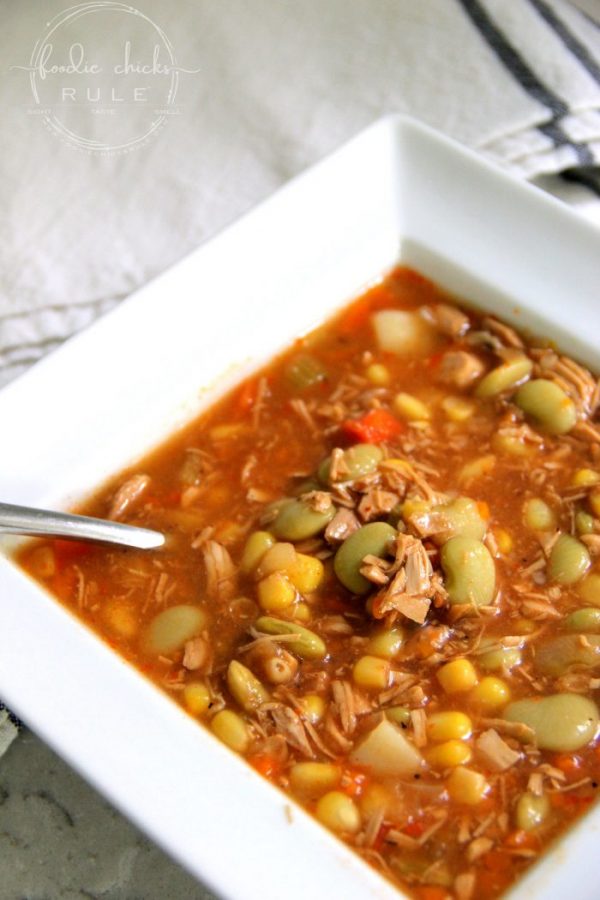 Simple & Delicious Chicken Brunswick Stew! (quick to throw together which is a WIN!) foodiechicksrule.com #chickenbrunswickstew #brunswickstew #chickendinner #chickenrecipes #souprecipes #soup #chickensoup #vegetablesoup #dinnerideas #quickdinners #quickrecipes #easyrecipes #healthydinner