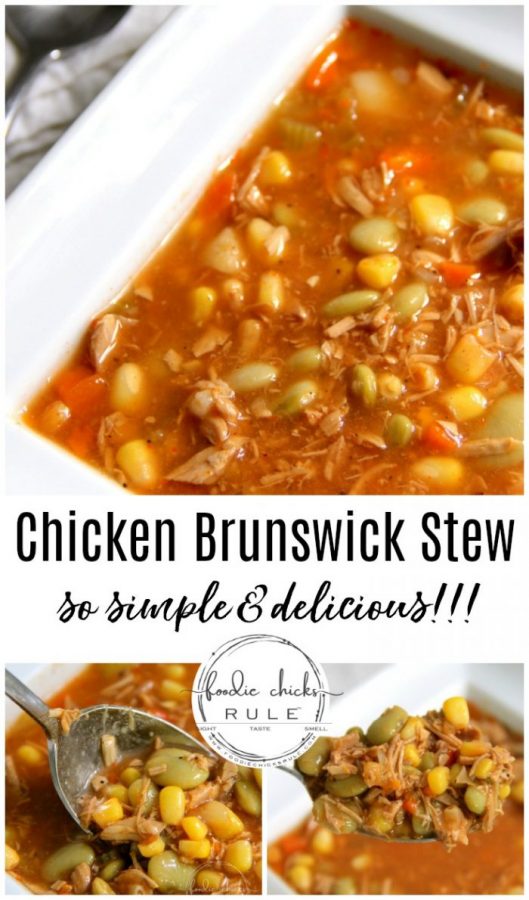 Simple & Delicious Chicken Brunswick Stew! (quick to throw together which is a WIN!) foodiechicksrule.com #chickenbrunswickstew #brunswickstew #chickendinner #chickenrecipes #souprecipes #soup #chickensoup #vegetablesoup #dinnerideas #quickdinners #quickrecipes #easyrecipes #healthydinner