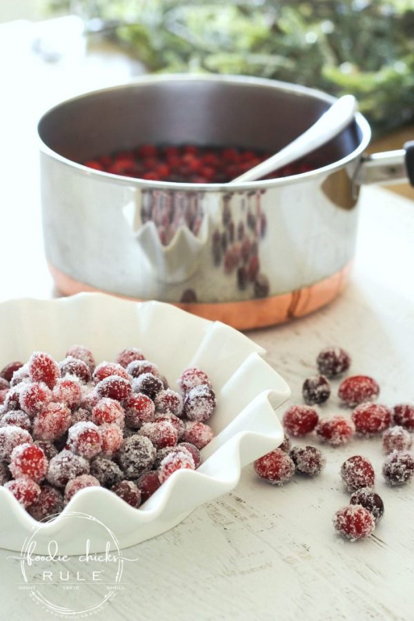 Sugared Cranberries (SO simple and with the added flavoring and spices, make for a delicious treat, either added to a favorite holiday recipe OR by themselves!) foodiechicksrule.com #sugaredcranberries #holidaydesserts #christmasdesserts #holidaydessertideas #cranberrydesserts