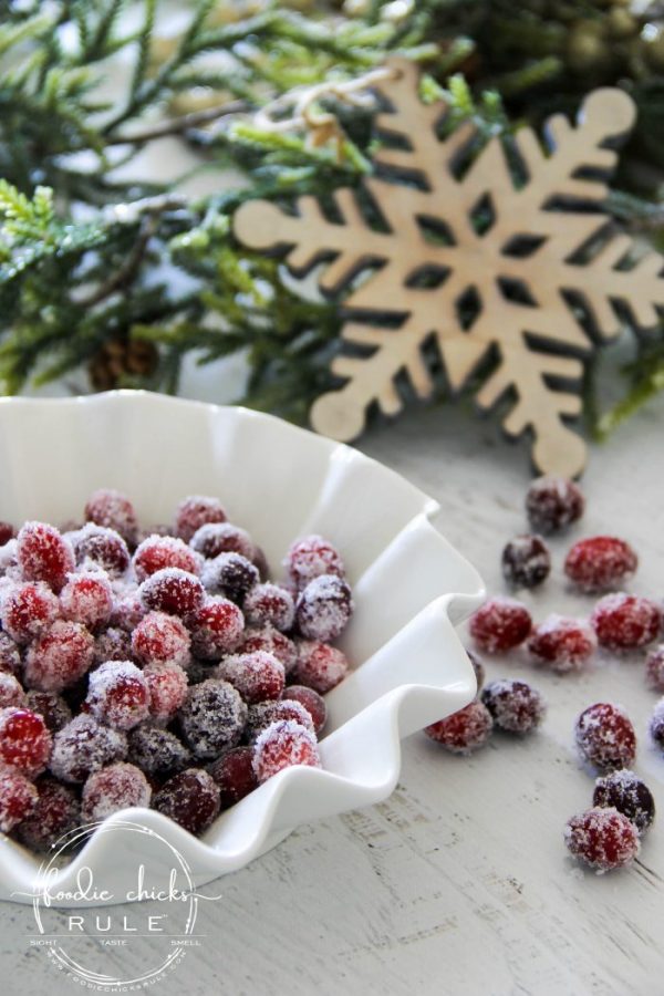 Sugared Cranberries (SO simple and with the added flavoring and spices, make for a delicious treat, either added to a favorite holiday recipe OR by themselves!) foodiechicksrule.com #sugaredcranberries #holidaydesserts #christmasdesserts #holidaydessertideas #cranberrydesserts