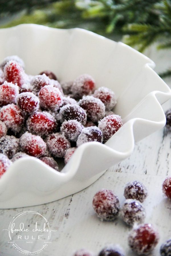 Sugared Cranberries (SO simple and with the added flavoring and spices, make for a delicious treat, either added to a favorite holiday recipe OR by themselves!) foodiechicksrule.com #sugaredcranberries #holidaydesserts #christmasdesserts #holidaydessertideas #cranberrydesserts