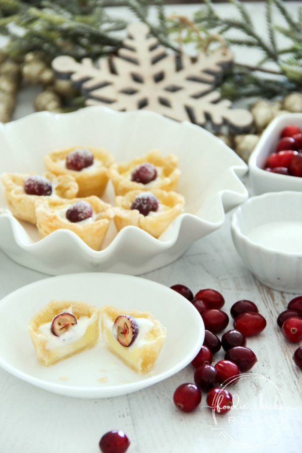 Delicious, festive and adorable SUGARED CRANBERRY CUSTARD TARTS are the perfect dessert to bring to your next holiday gathering, simple to make too! artsychicksrule.com #cranberrydesserts #sugaredcranberry #cranberrycustard #custardtarts #holidaydesserts