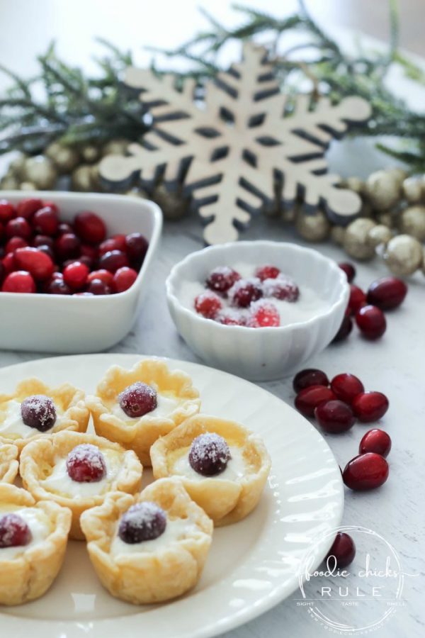 Delicious, festive and adorable SUGARED CRANBERRY CUSTARD TARTS are the perfect dessert to bring to your next holiday gathering, simple to make too! artsychicksrule.com #cranberrydesserts #sugaredcranberry #cranberrycustard #custardtarts #holidaydesserts