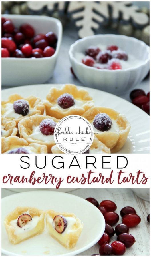 Delicious, festive and adorable SUGARED CRANBERRY CUSTARD TARTS are the perfect dessert to bring to your next holiday gathering, simple to make too! artsychicksrule.com #cranberrydesserts #sugaredcranberry #cranberrycustard #custardtarts #holidaydesserts