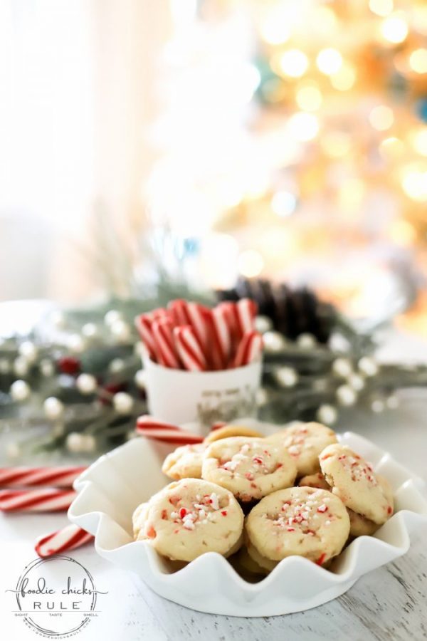 Crunchy Peppermint Cookies - using crushed peppermint sticks/candy canes and peppermint extract with my very popular "BEST SHORTBREAD COOKIES EVER" recipe! foodiechicksrule.com #shortbreadcookies #peppermintcookies #candycanecookies #holidaydesserts #holidaycookies