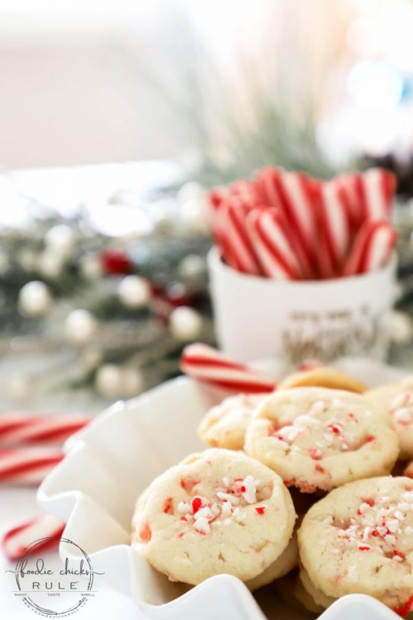 Crunchy Peppermint Cookies - using crushed peppermint sticks/candy canes and peppermint extract with my very popular "BEST SHORTBREAD COOKIES EVER" recipe! foodiechicksrule.com #shortbreadcookies #peppermintcookies #candycanecookies #holidaydesserts #holidaycookies