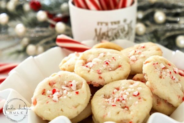Crunchy Peppermint Cookies - using crushed peppermint sticks/candy canes and peppermint extract with my very popular "BEST SHORTBREAD COOKIES EVER" recipe! foodiechicksrule.com #shortbreadcookies #peppermintcookies #candycanecookies #holidaydesserts #holidaycookies