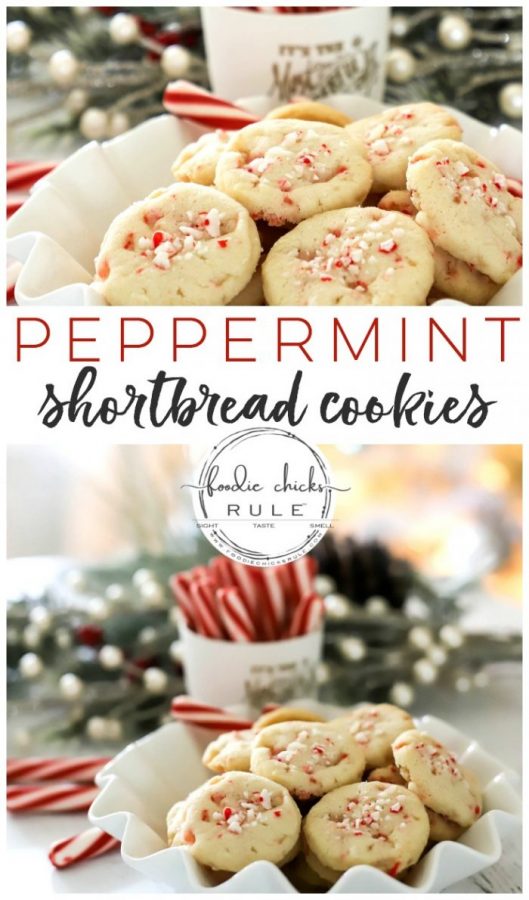 Crunchy Peppermint Cookies - using crushed peppermint sticks/candy canes and peppermint extract with my very popular "BEST SHORTBREAD COOKIES EVER" recipe! foodiechicksrule.com #shortbreadcookies #peppermintcookies #candycanecookies #holidaydesserts #holidaycookies