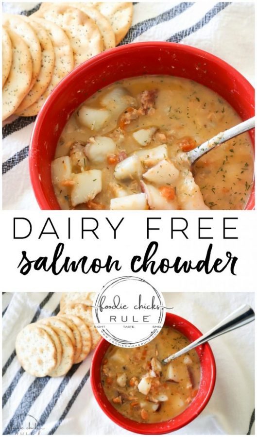 This dairy free salmon chowder is the perfect meal for those cold winter months. Win-win, it's delicious AND simple to throw together! #salmonideas #salmonrecipes #salmonchowder #dairyfree