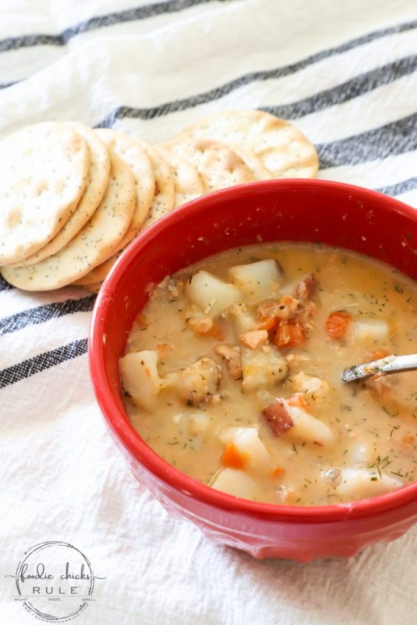 This dairy free salmon chowder is the perfect meal for those cold winter months. Win-win, it's delicious AND simple to throw together! #salmonideas #salmonrecipes #salmonchowder #dairyfree