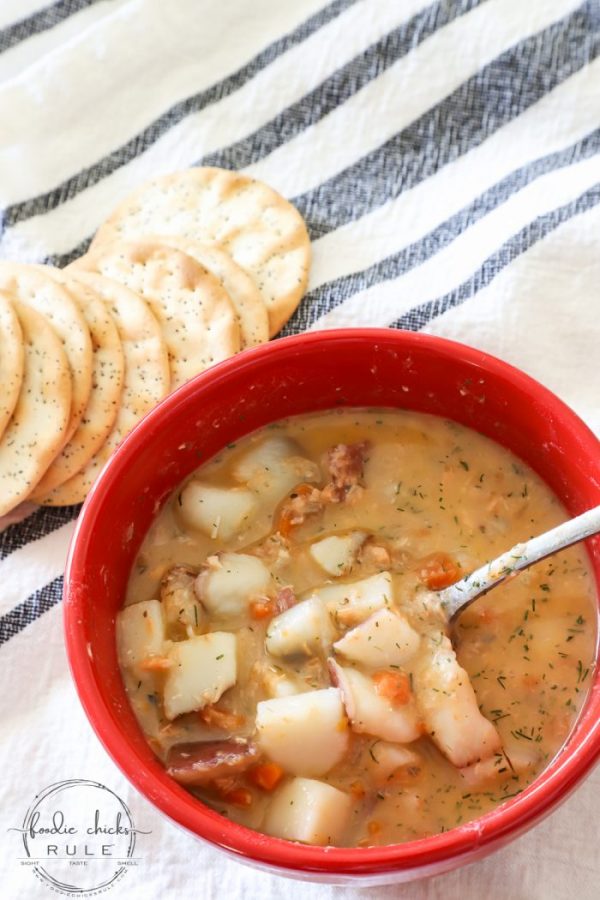 This dairy free salmon chowder is the perfect meal for those cold winter months. Win-win, it's delicious AND simple to throw together! #salmonideas #salmonrecipes #salmonchowder #dairyfree