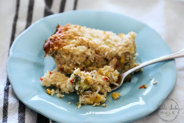 Tuna Rice Casserole- AKA Throw everything you have on hand in a bowl and call it dinner! foodiechicksrule.com #tunacasserole #casserolerecipes #bestcasserole #quickcasserole