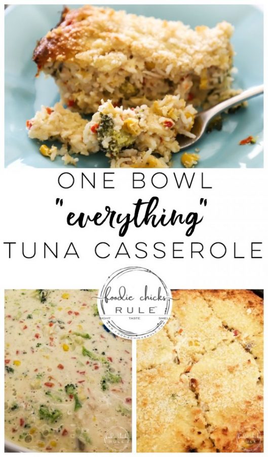 Tuna Rice Casserole- AKA Throw everything you have on hand in a bowl and call it dinner! foodiechicksrule.com #tunacasserole #casserolerecipes #bestcasserole #quickcasserole