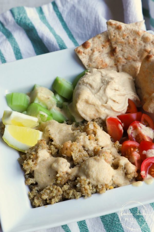 Super easy all veggie, Greek PITA BOWL! So quick to throw together and so tasty with delicious seasonings AND homemade Tahini dressing! foodiechicksrule.com #tahinidressing #pitarecipe #pitabowls #veganpita #veganrecipe #plantbasedrecipe #plantbasedideas