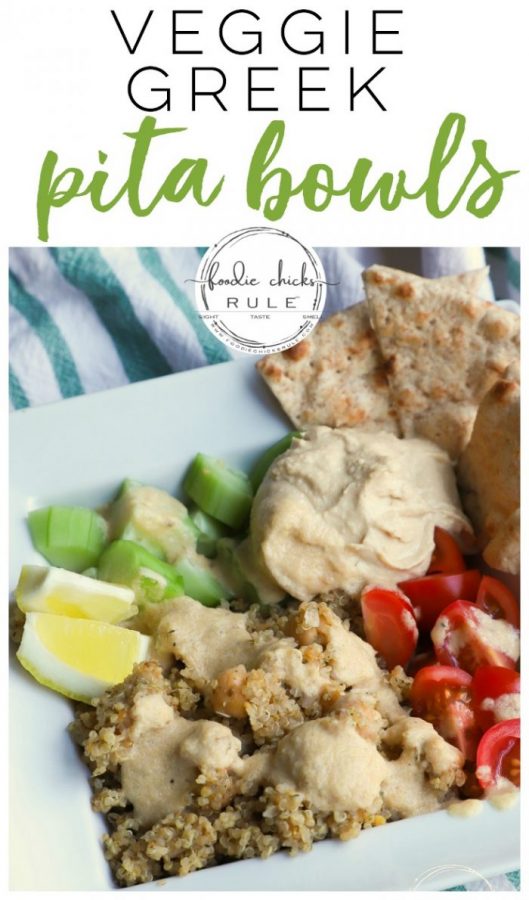 Super easy all veggie, Greek PITA BOWL! So quick to throw together and so tasty with delicious seasonings AND homemade Tahini dressing! foodiechicksrule.com #tahinidressing #pitarecipe #pitabowls #veganpita #veganrecipe #plantbasedrecipe #plantbasedideas