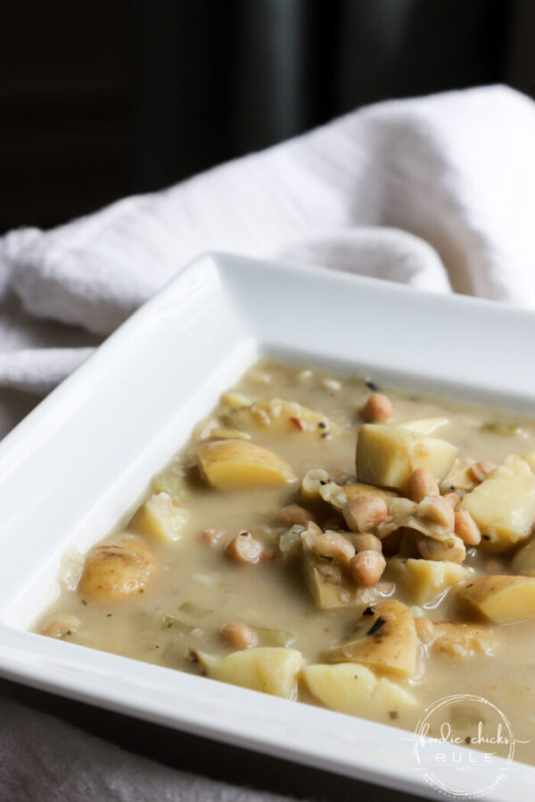 This Hearty Potato and Bean Soup is a sure winner every time! Keep it chunky or blend it for a creamy alternative! Very versatile while always delicious! foodiechicksrule.com #potatosoup #beansoup #vegansoupideas #potatoandbeansoup #plantbasedsoups