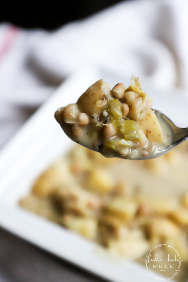 This Hearty Potato and Bean Soup is a sure winner every time! Keep it chunky or blend it for a creamy alternative! Very versatile while always delicious! foodiechicksrule.com #potatosoup #beansoup #vegansoupideas #potatoandbeansoup #plantbasedsoups