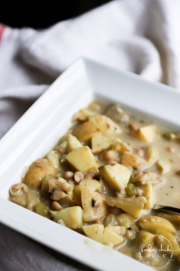 This Hearty Potato and Bean Soup is a sure winner every time! Keep it chunky or blend it for a creamy alternative! Very versatile while always delicious! foodiechicksrule.com #potatosoup #beansoup #vegansoupideas #potatoandbeansoup #plantbasedsoups