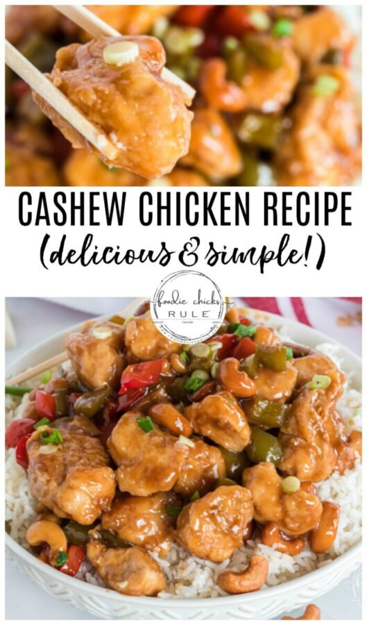 This amazing Cashew Chicken Recipe is a winner in our house! Simple to make (of course!), beautiful presentation and full of flavor! foodiechicksrule.com #cashewchicken #cashewchickenrecipe #thairecipes #chickenandrice